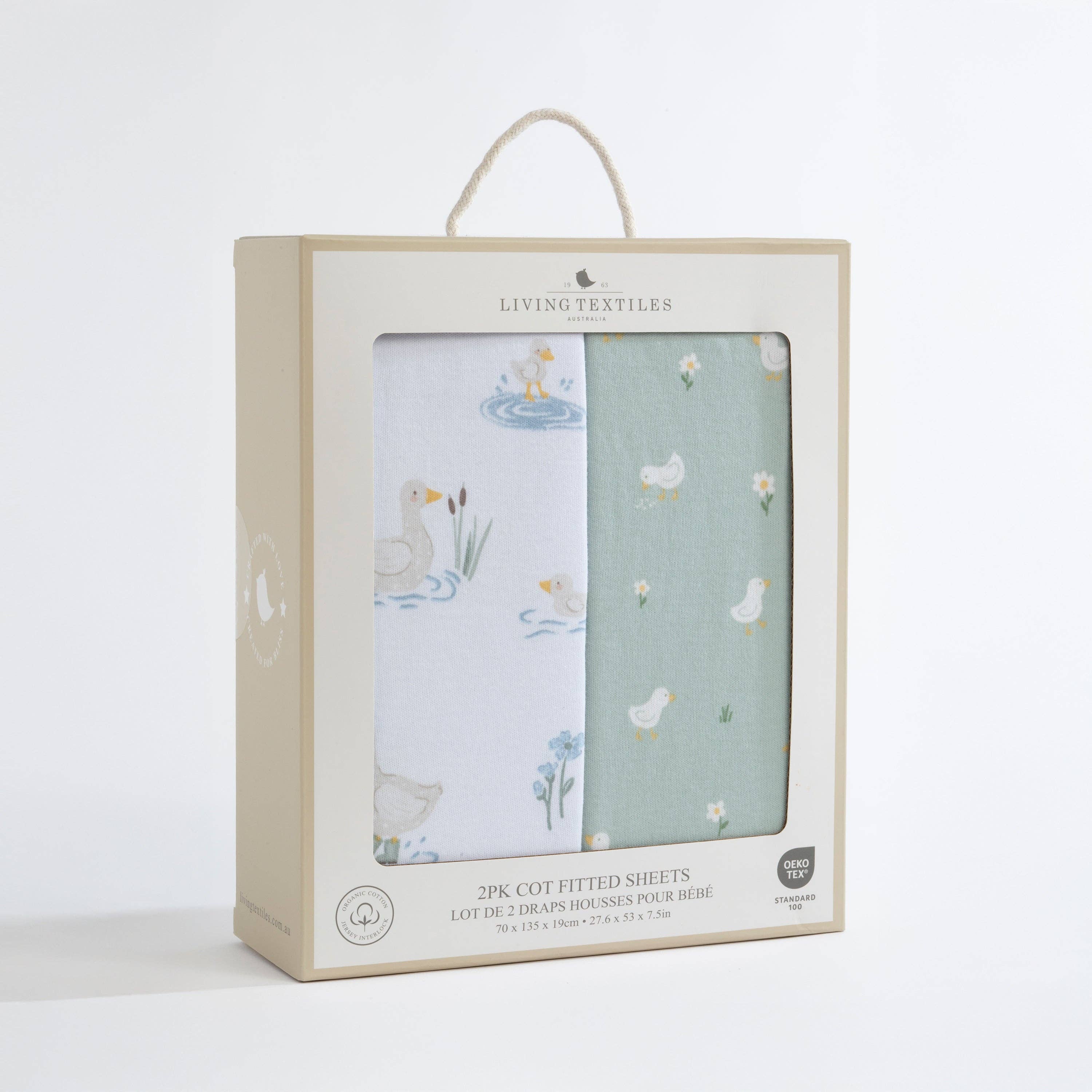 Living Textiles 2 Pack Organic Jersey Cot Fitted Sheets Goosey Goosey