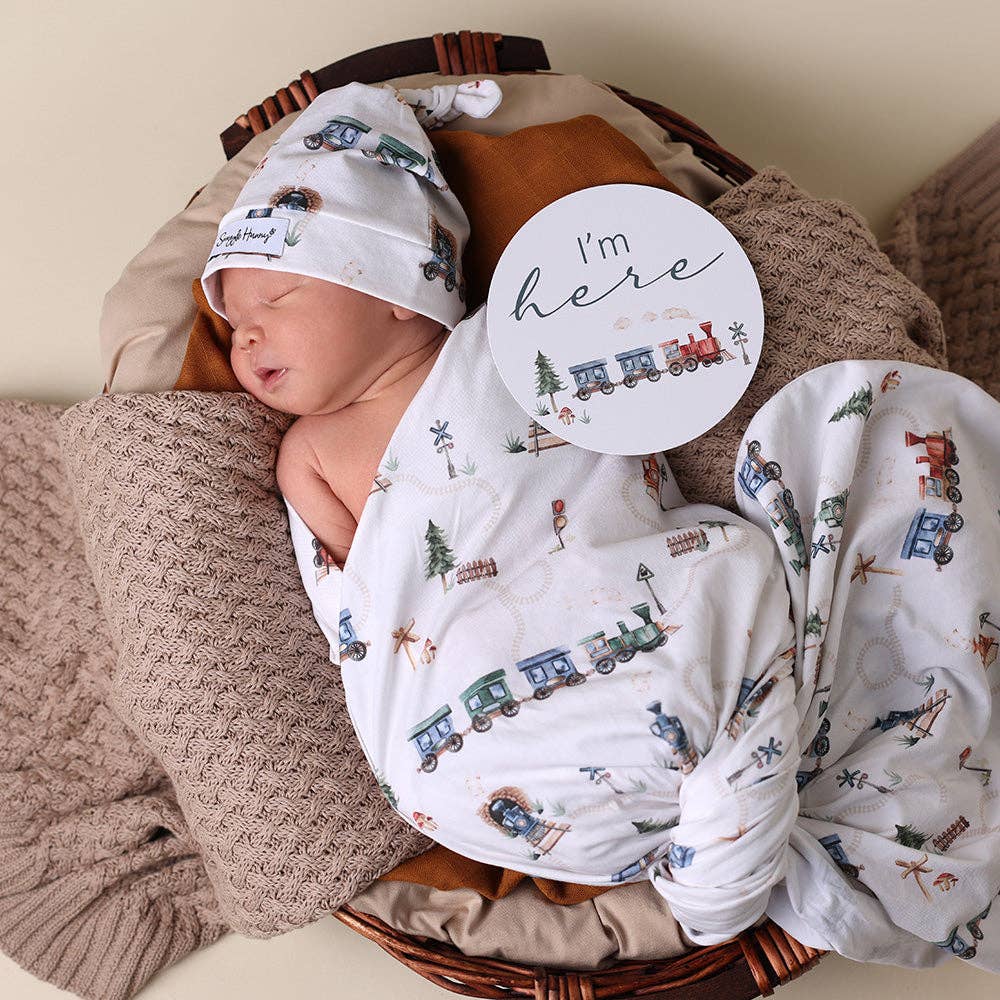 Snuggle Hunny | Organic Jersey Wrap & Beanie Set | Trains