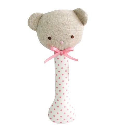 Alimrose Baby Bear Stick Rattle Spot Pink on Ivory