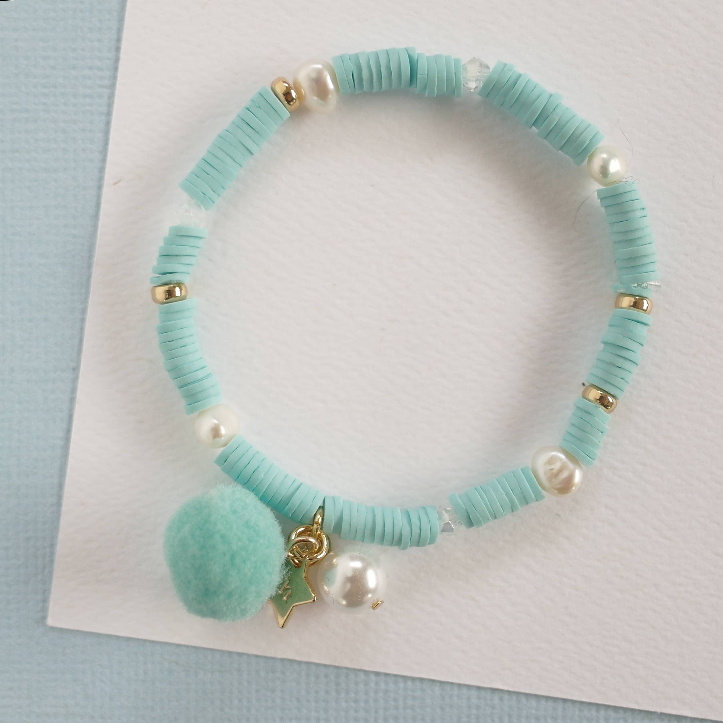 Lauren Hinkley | Aqua Blue Bracelet with Pom Pom and Pearl