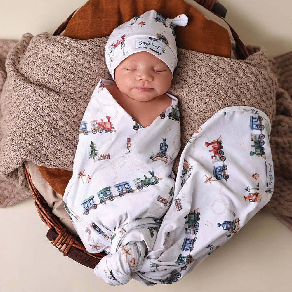 Snuggle Hunny | Organic Jersey Wrap & Beanie Set | Trains