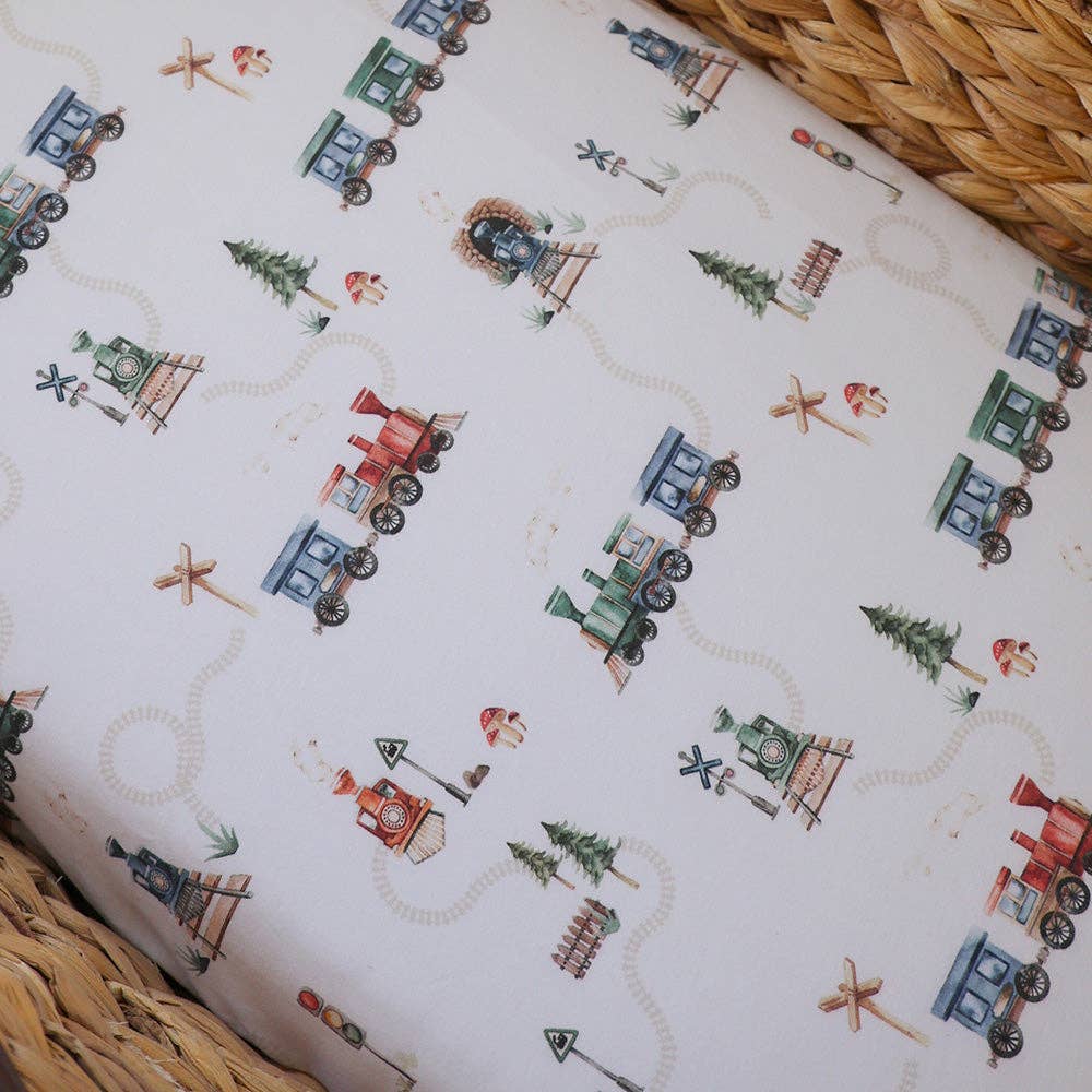 Snuggle Hunny | Organic Bassinet Sheet / Change Pad Cover | Trains