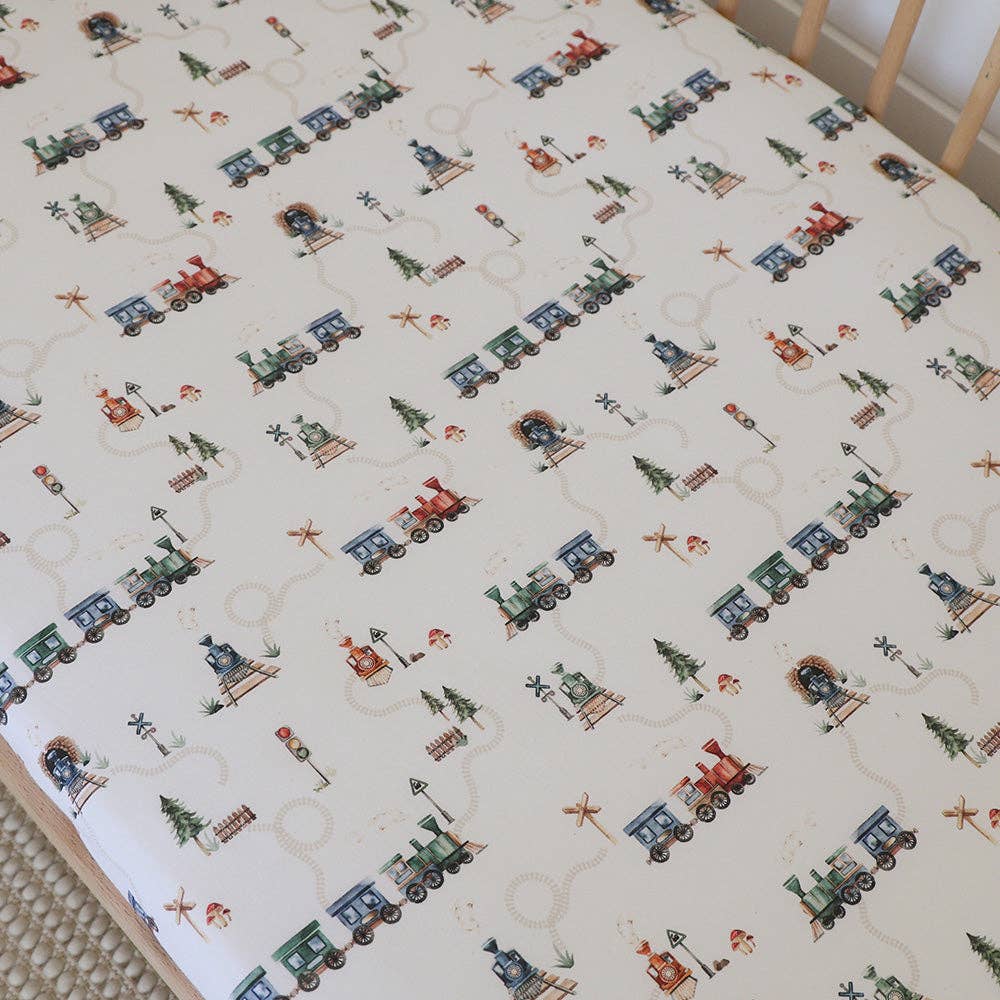 Snuggle Hunny | Organic Fitted Cot Sheet | Trains