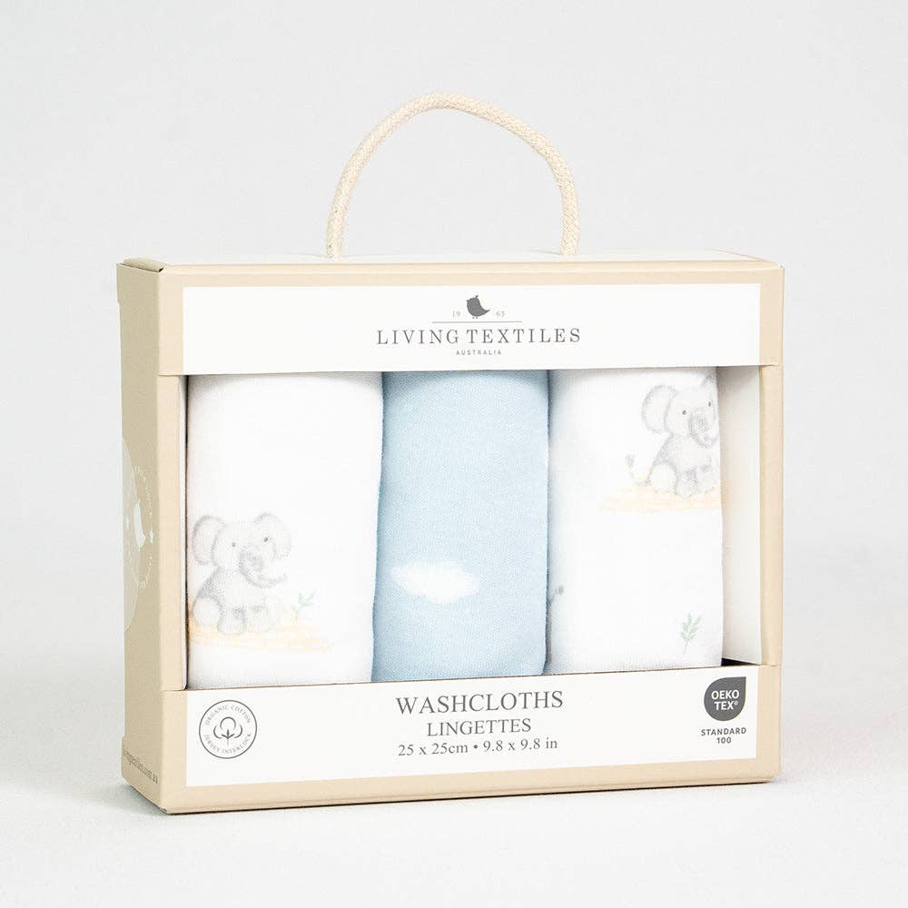 Living Textiles - 3 Pack Organic Wash Cloths - Elephant Playtime