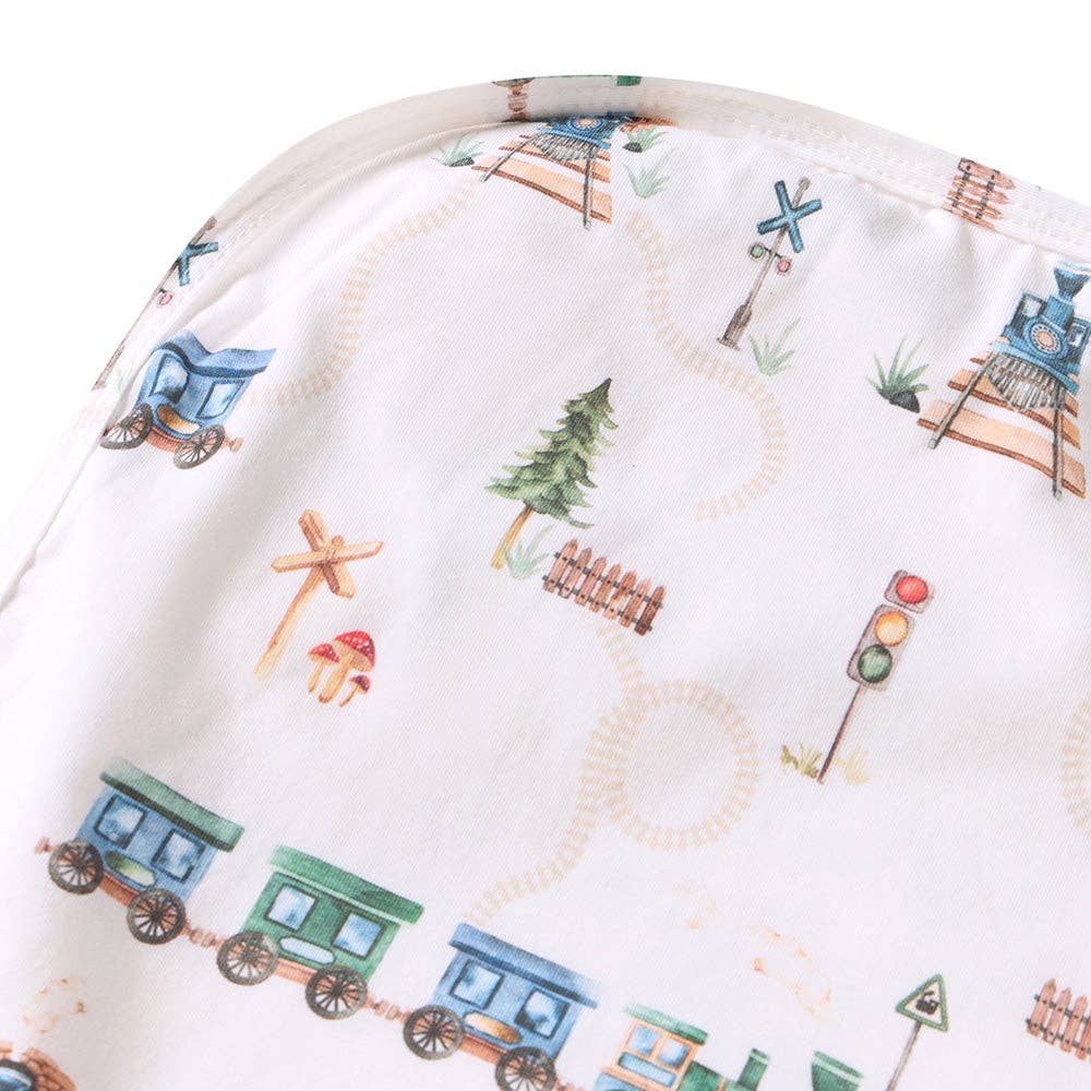 Snuggle Hunny | Organic Jersey Wrap & Beanie Set | Trains