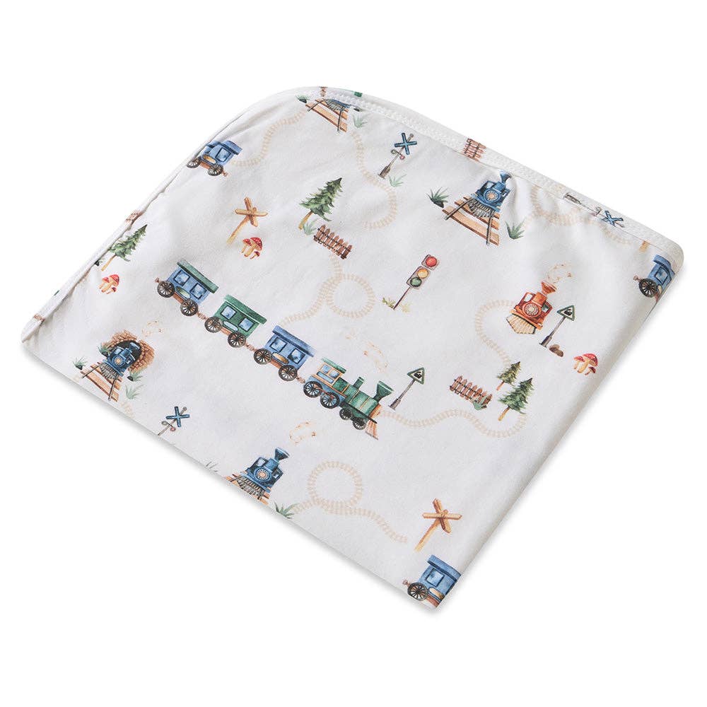 Snuggle Hunny | Organic Jersey Wrap & Beanie Set | Trains