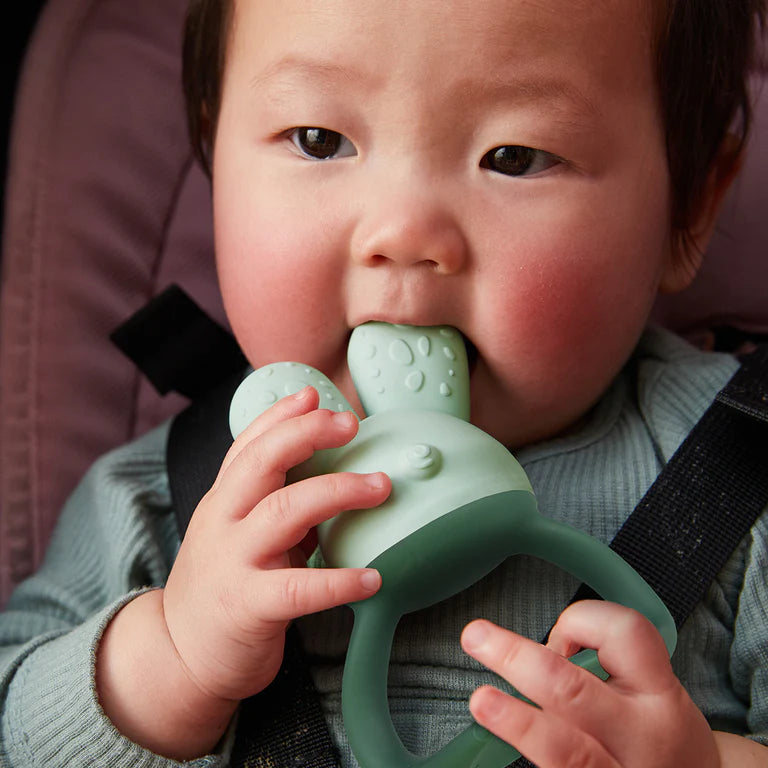 B.box Chill‑Fill teether in sage green – BPA‑free silicone chew toy with cool‑touch inners and easy‑grip rings