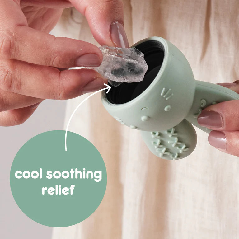 B.box Chill‑Fill teether in sage green – BPA‑free silicone chew toy with cool‑touch inners and easy‑grip rings