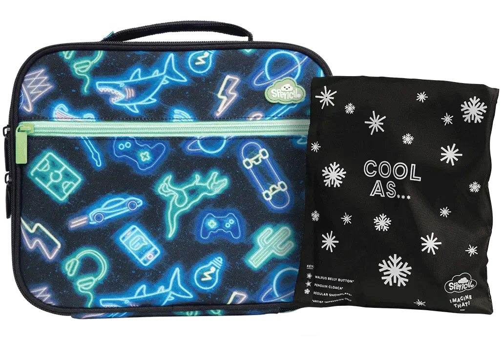 Spencil neon pattern insulated cooler lunch bag with chill pack – large kids’ lunch tote with silver lining, name card pocket and padded handle