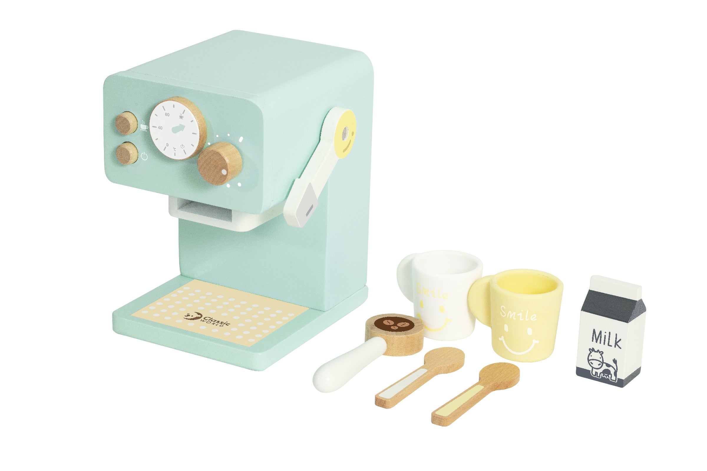Coffee Maker pretend-play set – includes toy coffee machine with 2 cups, milk container, spoons and beans, 7+ pieces for kids 18 months + to simulate brewing a perfect cup