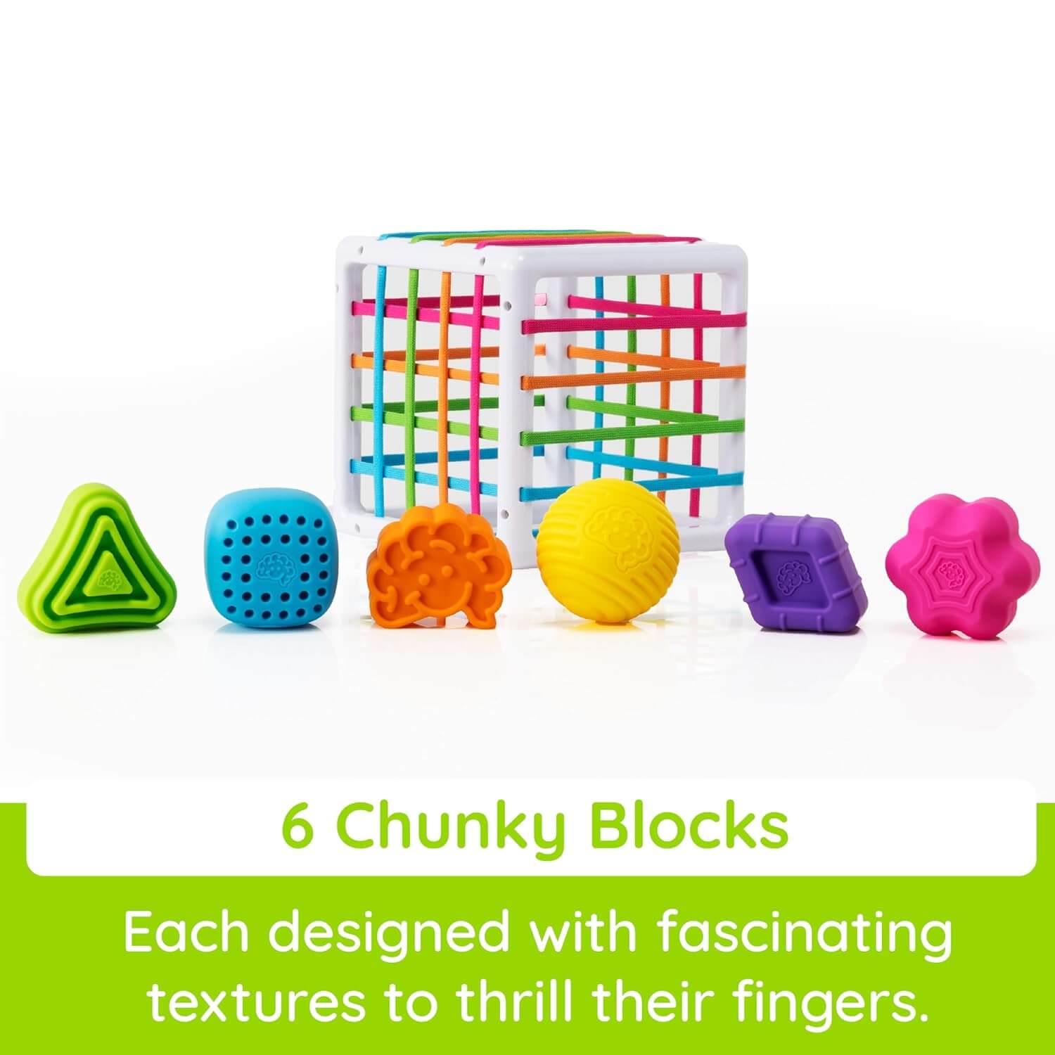 Fat Brain Toys InnyBin – sensory shape‑exploration cube with six chunky, textured blocks (cube, diamond, sphere, triangle, flower, logo) and elastic bands for frustration‑free fine motor play