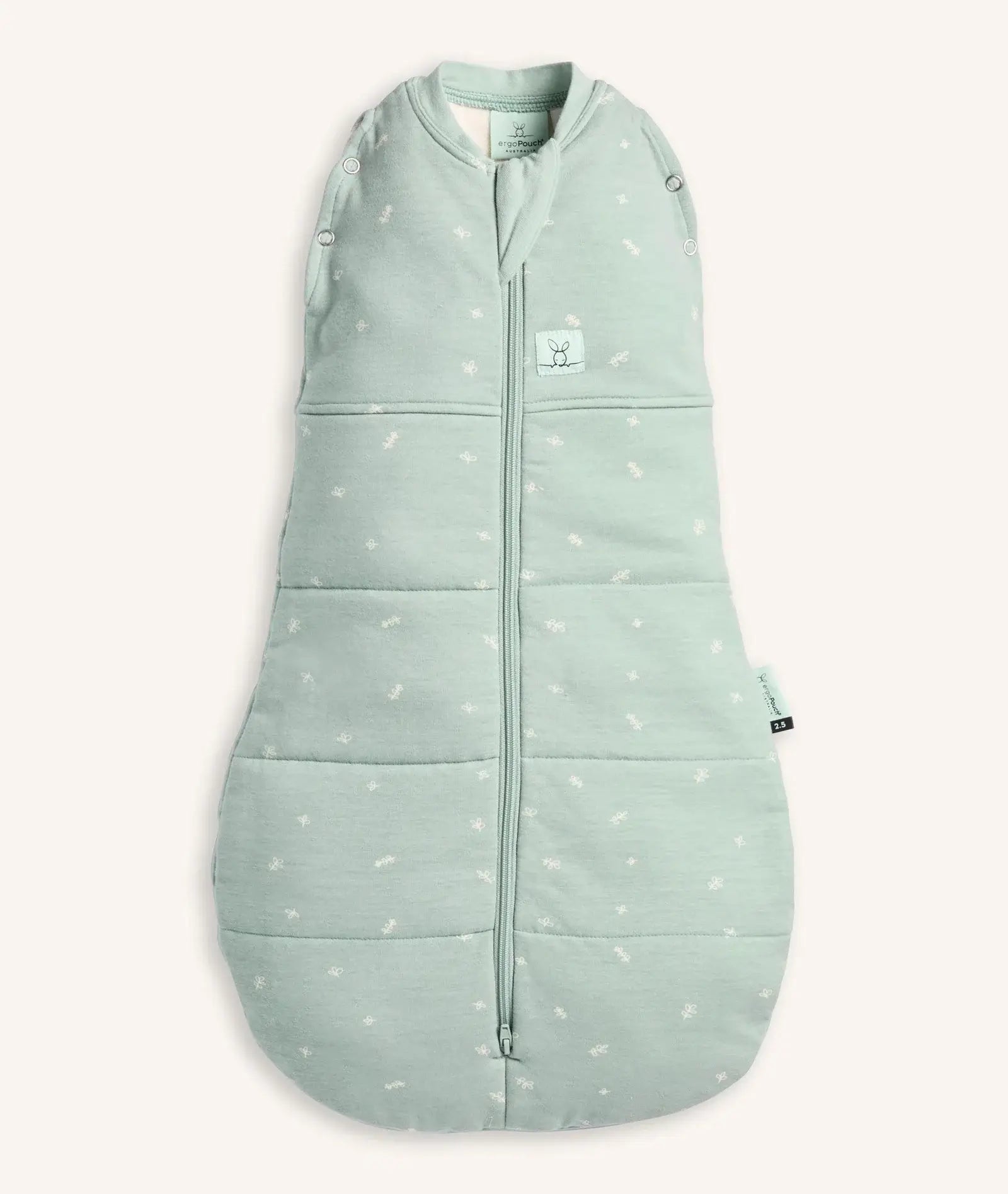 ergoPouch Cocoon Swaddle Bag 2.5 tog in sage — a secure, multifunctional infant sleep sack designed for newborns, featuring a zip-up swaddle-to-sleep transition, breathable natural fabric, and extra warmth for cooler nights.