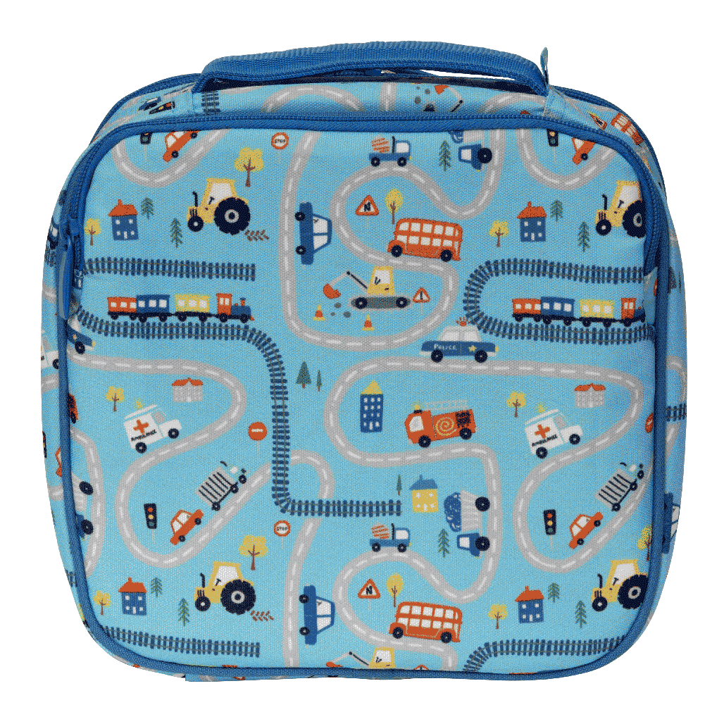 Spencil Little Cooler lunch bag with chill pack – insulated 'Tiny Town' kids’ lunch tote with silver lining, front pocket, name card slot and padded handle