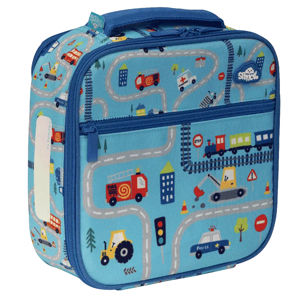 Spencil Little Cooler lunch bag with chill pack – insulated 'Tiny Town' kids’ lunch tote with silver lining, front pocket, name card slot and padded handle