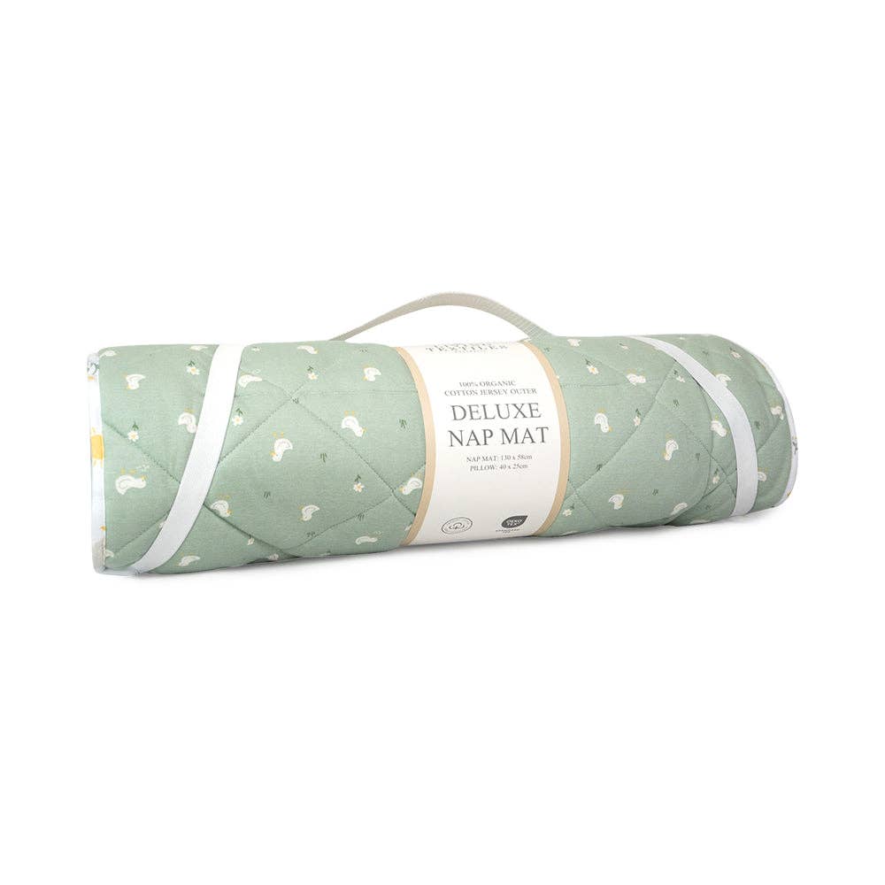 Living Textiles Deluxe Nap Mat – Goosey Goosey design on sage‑tone organic cotton jersey with built‑in pillow and blanket, quilted base, four elastic loops for daycare stacker beds, carry handle and name label