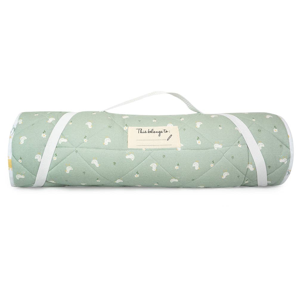 Living Textiles Deluxe Nap Mat – Goosey Goosey design on sage‑tone organic cotton jersey with built‑in pillow and blanket, quilted base, four elastic loops for daycare stacker beds, carry handle and name label
