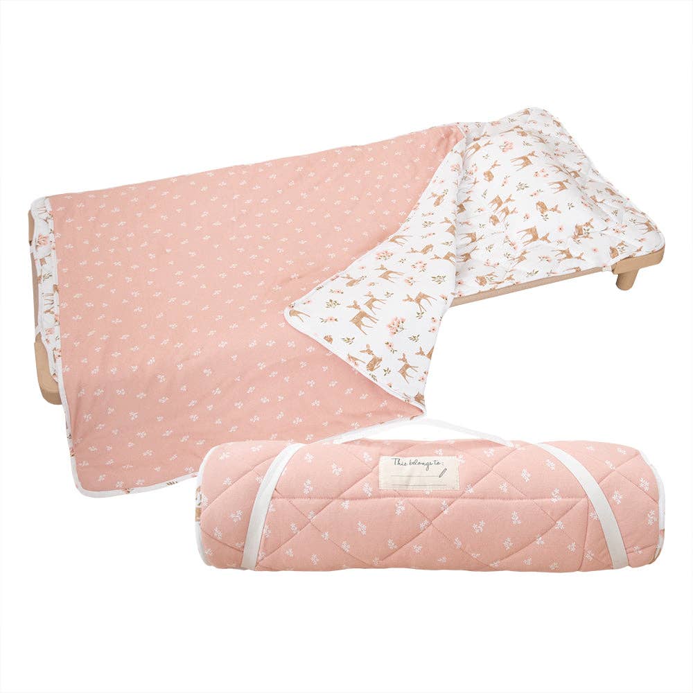 Living Textiles Deluxe Nap Mat – Sophia Garden design on sage‑tone organic cotton jersey with built‑in pillow and blanket, quilted base, four elastic loops for daycare stacker beds, carry handle and name label