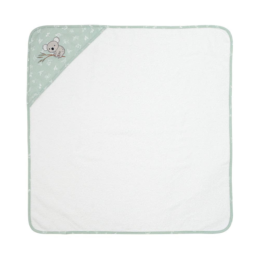 Living Textiles Organic Hooded Towel – Australiana design featuring native animals and botanical embroidery in calming sage tones; made from 100% organic cotton terry with soft jersey hood for cozy post-bath snuggles