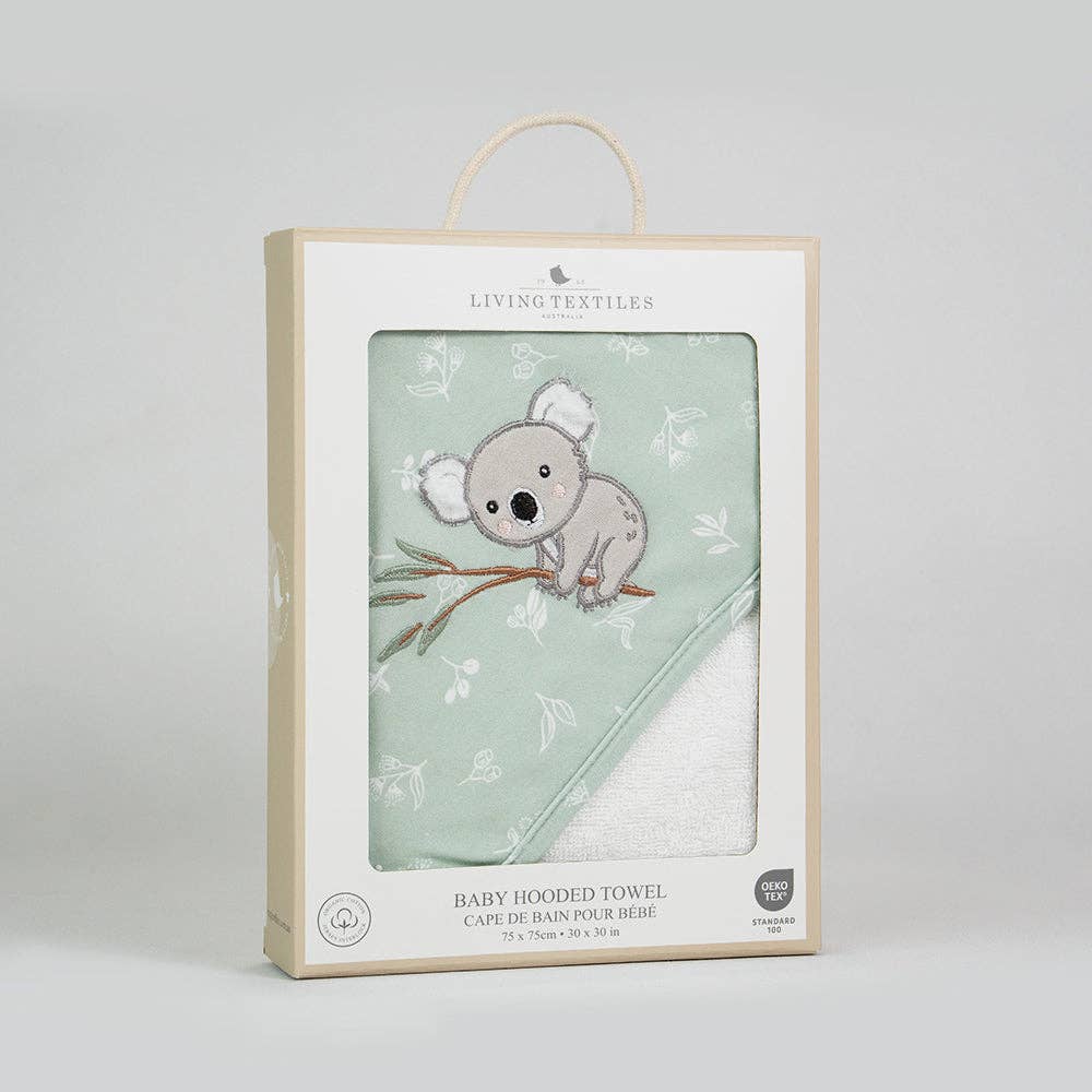 Living Textiles Organic Hooded Towel – Australiana design featuring native animals and botanical embroidery in calming sage tones; made from 100% organic cotton terry with soft jersey hood for cozy post-bath snuggles