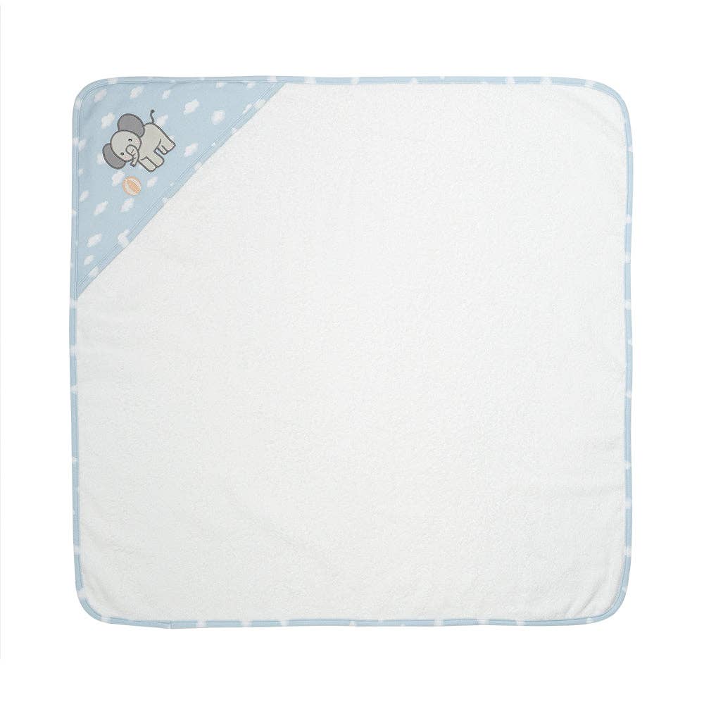Living Textiles Organic Hooded Towel – Elephant Playtime design featuring native animals and botanical embroidery in calming sage tones; made from 100% organic cotton terry with soft jersey hood for cozy post-bath snuggles