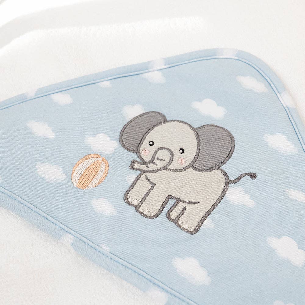 Living Textiles Organic Hooded Towel – Elephant Playtime design featuring native animals and botanical embroidery in calming sage tones; made from 100% organic cotton terry with soft jersey hood for cozy post-bath snuggles