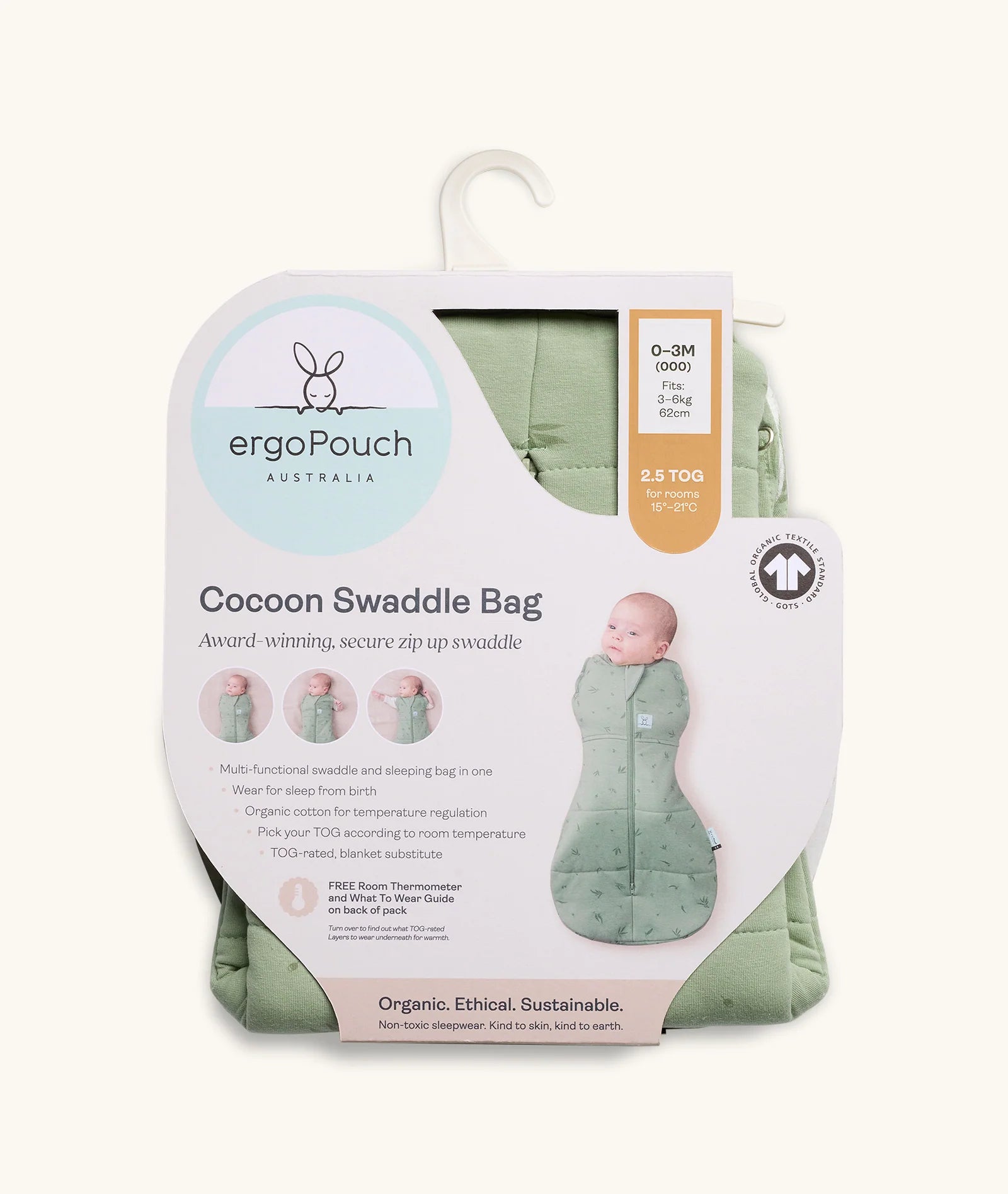 ergoPouch Cocoon Swaddle Bag 2.5 tog in sage — a secure, multifunctional infant sleep sack designed for newborns, featuring a zip-up swaddle-to-sleep transition, breathable natural fabric, and extra warmth for cooler nights.