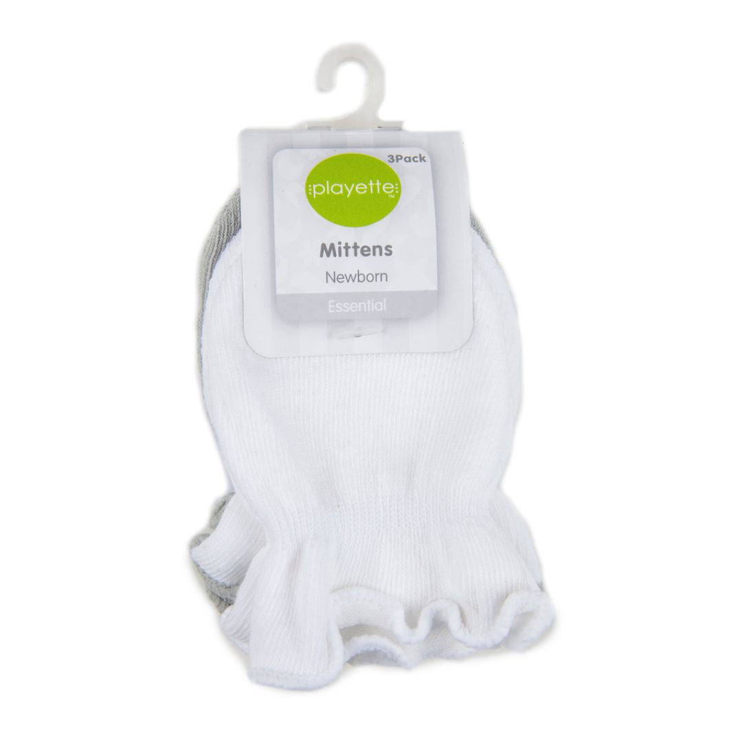 Playette | 3 Pack Newborn Essential Mittens | White/white