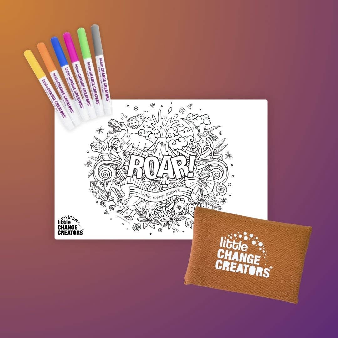 ROAR! Pocket Reusable Colouring Mat by Little Change Creators – compact dinosaur‑themed double‑sided silicone mat (30 × 20 cm) with 6 non‑toxic markers and fabric pouch for travel‑friendly, mess‑free creative play