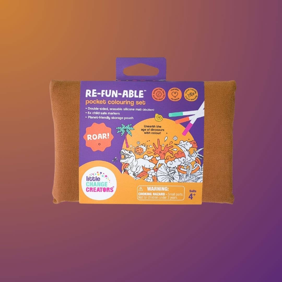 ROAR! Pocket Reusable Colouring Mat by Little Change Creators – compact dinosaur‑themed double‑sided silicone mat (30 × 20 cm) with 6 non‑toxic markers and fabric pouch for travel‑friendly, mess‑free creative play