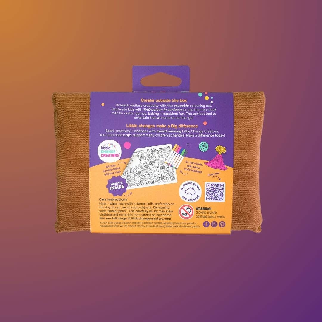 ROAR! Pocket Reusable Colouring Mat by Little Change Creators – compact dinosaur‑themed double‑sided silicone mat (30 × 20 cm) with 6 non‑toxic markers and fabric pouch for travel‑friendly, mess‑free creative play