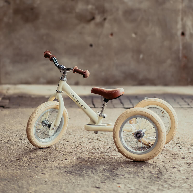 Steel Cream Vintage 3‑Wheel Trybike – sturdy retro-style toddler bike with low step-through frame, wide seat, high-back support, and noise‑reduction wheels
