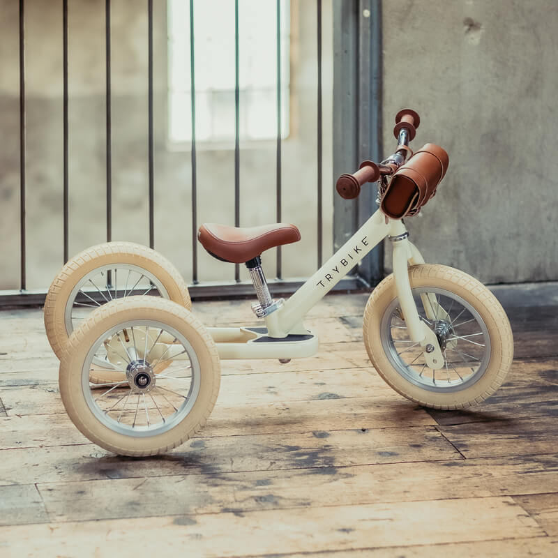 Steel Cream Vintage 3‑Wheel Trybike – sturdy retro-style toddler bike with low step-through frame, wide seat, high-back support, and noise‑reduction wheels