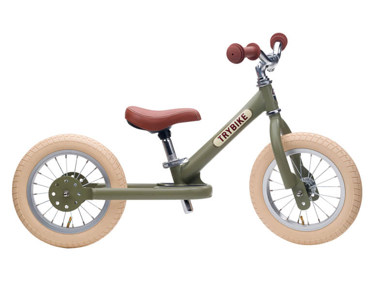 Steel Green Vintage 3‑Wheel Trybike – sturdy retro-style toddler bike with low step-through frame, wide seat, high-back support, and noise‑reduction wheels