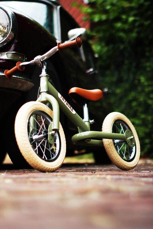 Steel Green Vintage 3‑Wheel Trybike – sturdy retro-style toddler bike with low step-through frame, wide seat, high-back support, and noise‑reduction wheels