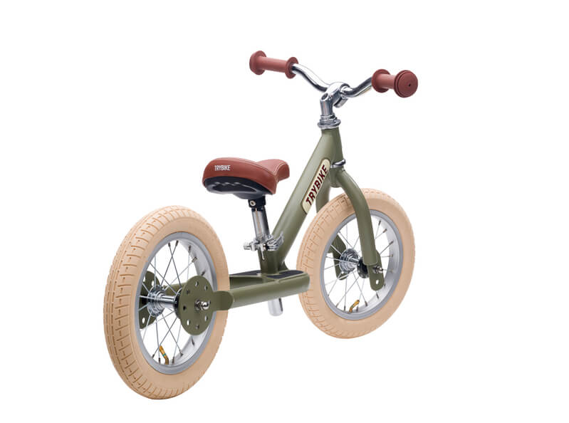 Steel Green Vintage 3‑Wheel Trybike – sturdy retro-style toddler bike with low step-through frame, wide seat, high-back support, and noise‑reduction wheels