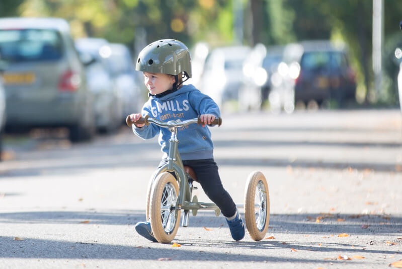 Steel Green Vintage 3‑Wheel Trybike – sturdy retro-style toddler bike with low step-through frame, wide seat, high-back support, and noise‑reduction wheels