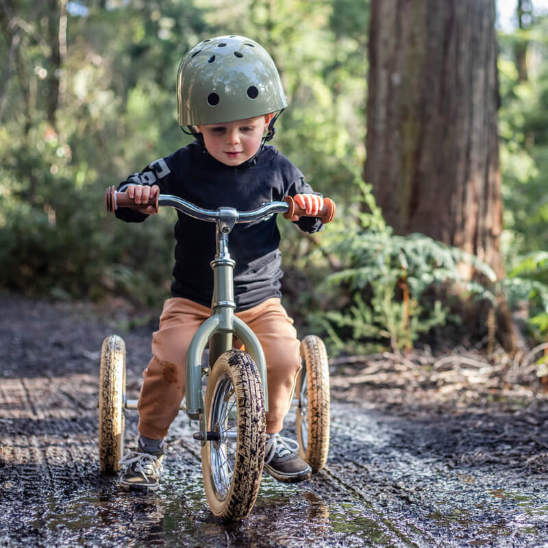 Steel Green Vintage 3‑Wheel Trybike – sturdy retro-style toddler bike with low step-through frame, wide seat, high-back support, and noise‑reduction wheels