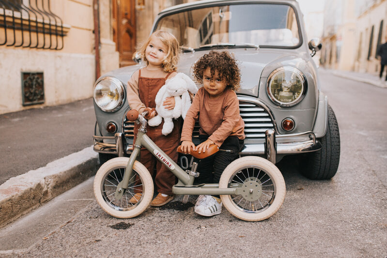 Steel Green Vintage 3‑Wheel Trybike – sturdy retro-style toddler bike with low step-through frame, wide seat, high-back support, and noise‑reduction wheels