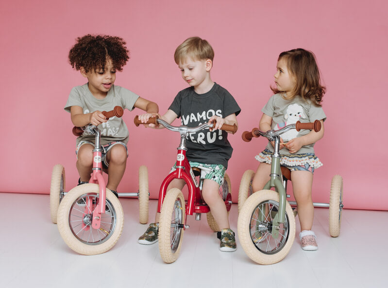 Steel 3‑Wheel 2n1 Trybike – sturdy retro-style toddler bike with low step-through frame, wide seat, high-back support, and noise‑reduction wheels