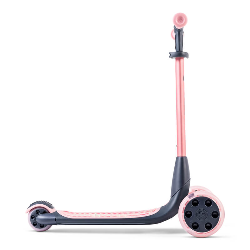 YGlider Nua pink 2‑in‑1 foldable lean‑to‑steer scooter – lightweight kids’ scooter with adjustable arc‑folding handlebar, LED front wheels, wide rear wheel and wall‑mount accessory