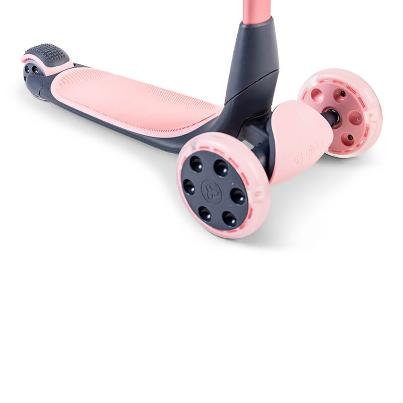 YGlider Nua pink 2‑in‑1 foldable lean‑to‑steer scooter – lightweight kids’ scooter with adjustable arc‑folding handlebar, LED front wheels, wide rear wheel and wall‑mount accessory