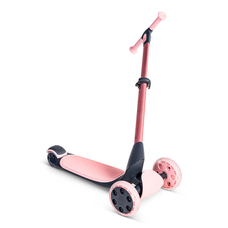 YGlider Nua pink 2‑in‑1 foldable lean‑to‑steer scooter – lightweight kids’ scooter with adjustable arc‑folding handlebar, LED front wheels, wide rear wheel and wall‑mount accessory