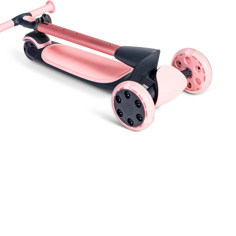 YGlider Nua pink 2‑in‑1 foldable lean‑to‑steer scooter – lightweight kids’ scooter with adjustable arc‑folding handlebar, LED front wheels, wide rear wheel and wall‑mount accessory