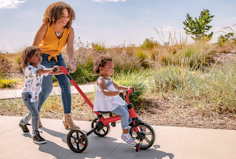 Velo Flippa red trike – 4-in-1 convertible toddler ride-on with removable push handle, wide seat, sturdy frame and non-slip footrests