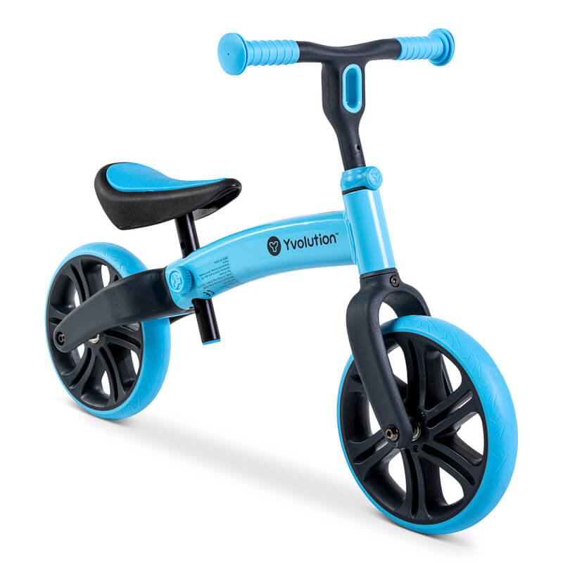Velo Junior blue balance bike for toddlers – two‑stage no‑pedal training bike with dual rear wheels, adjustable seat and handlebars, lightweight aluminum frame and puncture‑proof wheels