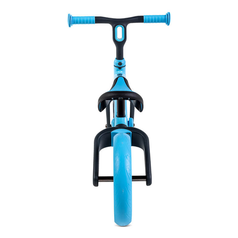 Velo Junior blue balance bike for toddlers – two‑stage no‑pedal training bike with dual rear wheels, adjustable seat and handlebars, lightweight aluminum frame and puncture‑proof wheels