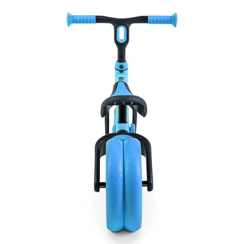 Velo Junior blue balance bike for toddlers – two‑stage no‑pedal training bike with dual rear wheels, adjustable seat and handlebars, lightweight aluminum frame and puncture‑proof wheels
