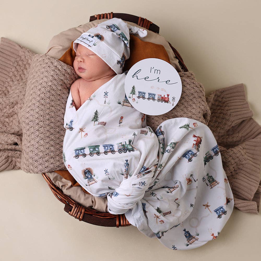Snuggle Hunny | Organic Jersey Wrap & Beanie Set | Trains