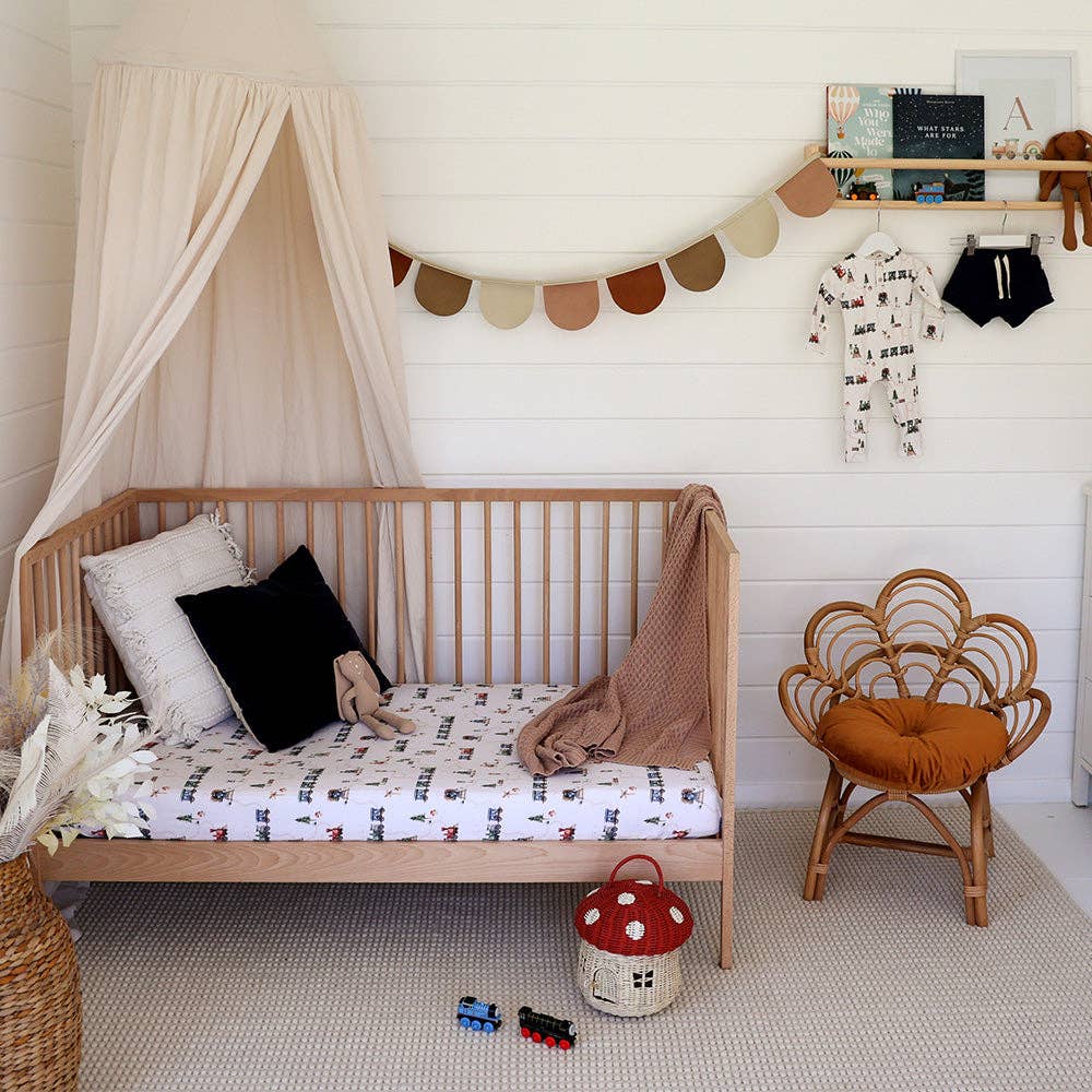 Snuggle Hunny | Organic Fitted Cot Sheet | Trains