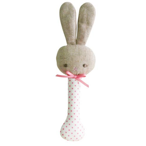 Alimrose Baby Bunny Stick Rattle Spot Pink on Ivory